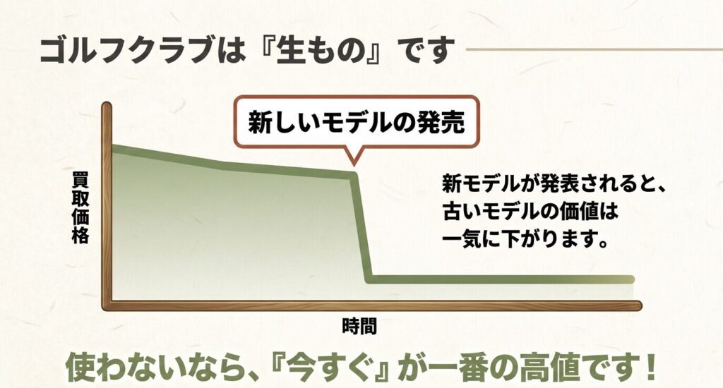 ゴルフクラブは生もの。新しいモデルが発表されると古いモデルの価値が一気に下がることを示すグラフ画像