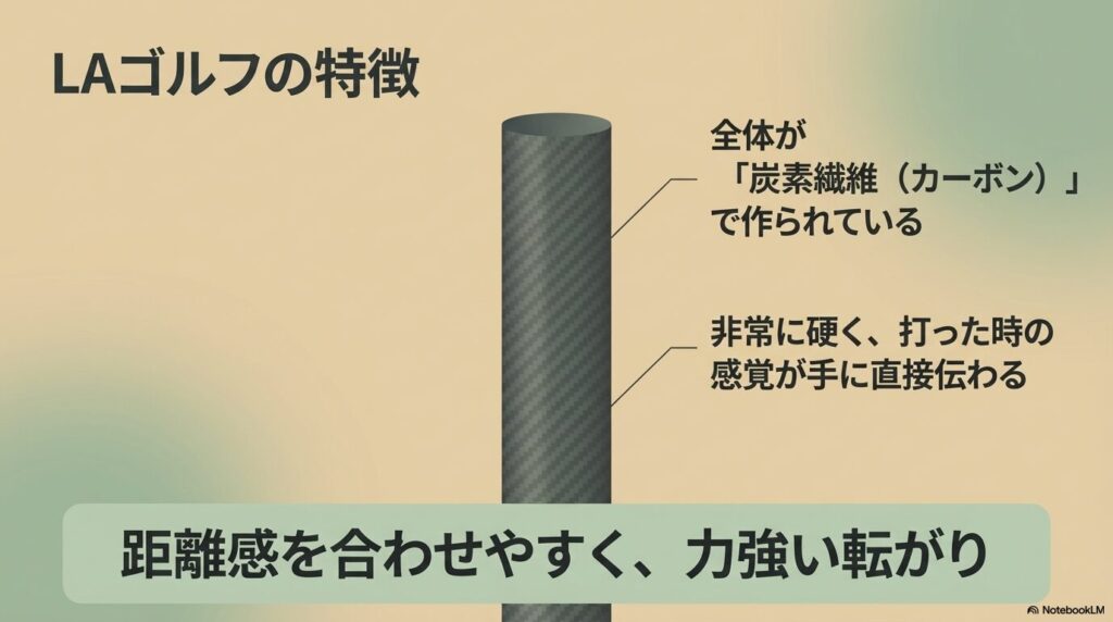 LAゴルフの特徴。全体が炭素繊維で作られ、非常に硬く感覚が手に直接伝わり、距離感を合わせやすく力強い転がりを生み出す