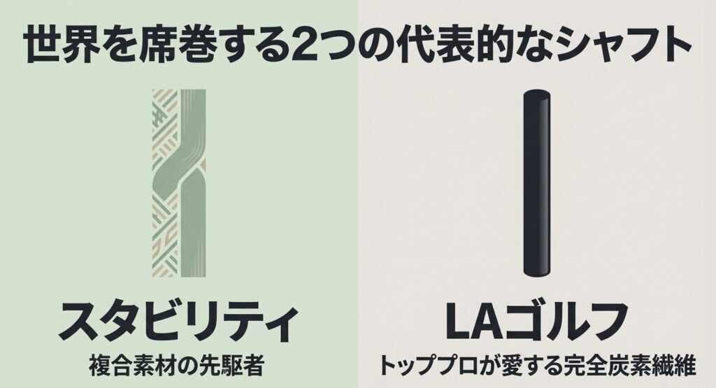 世界を席巻する2つの代表的なパター用シャフトである、複合素材の先駆者スタビリティとトッププロが愛する完全炭素繊維のLAゴルフ