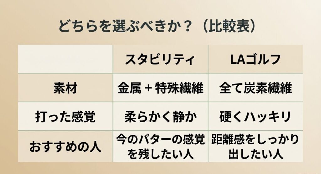 スタビリティとLAゴルフの比較表。素材、打った感覚、どんな人におすすめかの違いを比較