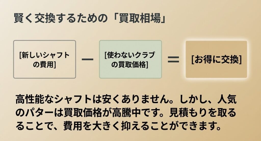 新しいシャフトの費用から使わないクラブの買取価格を差し引いてお得に交換する、賢く交換するための買取相場の考え方