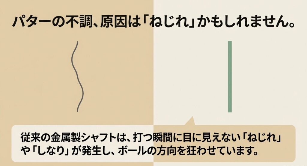 パター不調の原因となる、従来の金属製シャフトで打つ瞬間に発生する目に見えないねじれやしなり