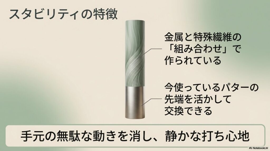 スタビリティの特徴。金属と特殊繊維の組み合わせで作られ、今使っているパターの先端を活かして交換でき、手元の無駄な動きを消す静かな打ち心地