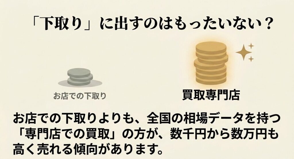 お店での下取りよりも、買取専門店での買取の方が数千円から数万円高く売れる傾向があることを説明したスライド