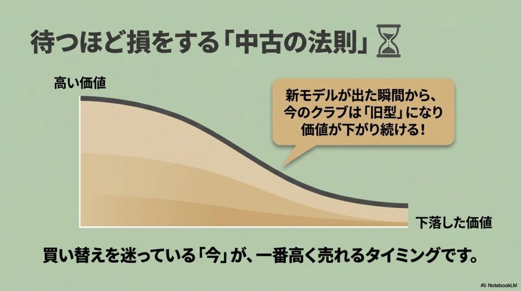 新モデルが出た瞬間から今のクラブは旧型になり価値が下がり続けることを示す中古相場の法則グラフ