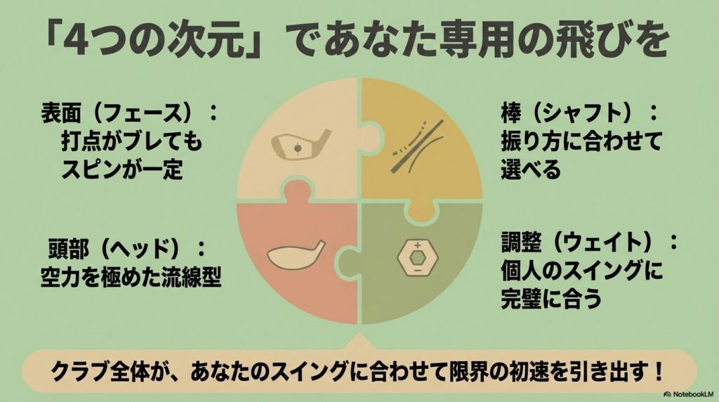 フェース、シャフト、ヘッド、ウェイトの4つの次元でスイングに合わせて限界の初速を引き出すQi4Dの設計コンセプト