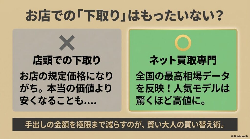 お店の規定価格になる店頭下取りよりも、全国の最高相場データが反映されるネット買取専門がおすすめである理由