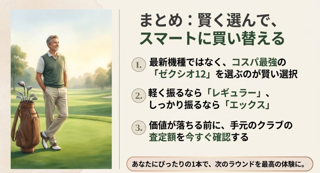 ゼクシオ12のモデル選びと、手元のクラブの査定額確認によるスマートな買い替え手順のまとめ