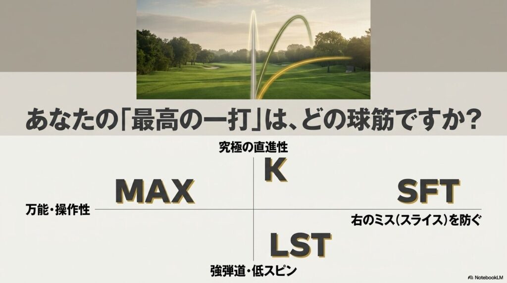 MAX（万能）、K（究極の直進）、LST（強弾道）、SFT（右のミス防止）の4モデルが対応する球筋のイメージ