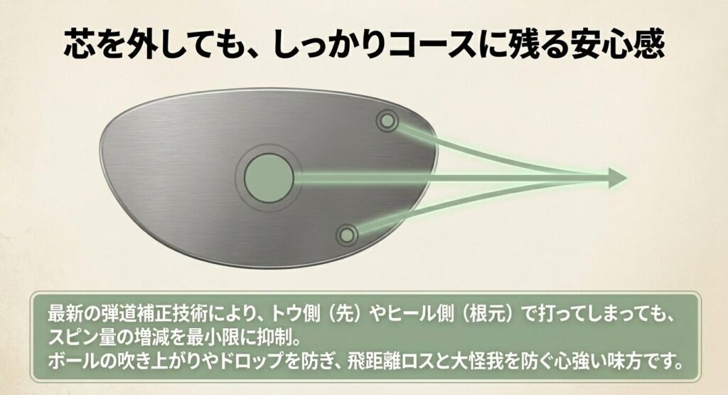 芯を外しても、しっかりコースに残る安心感。最新の弾道補正技術によりスピン量の増減を最小限に抑制し、飛距離ロスを防ぐ