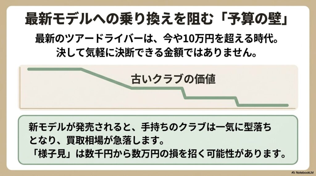 最新モデルへの乗り換えを阻む「予算の壁」。ツアードライバーは10万円を超える時代。古いクラブは新モデル発売で価値が急落するため注意が必要