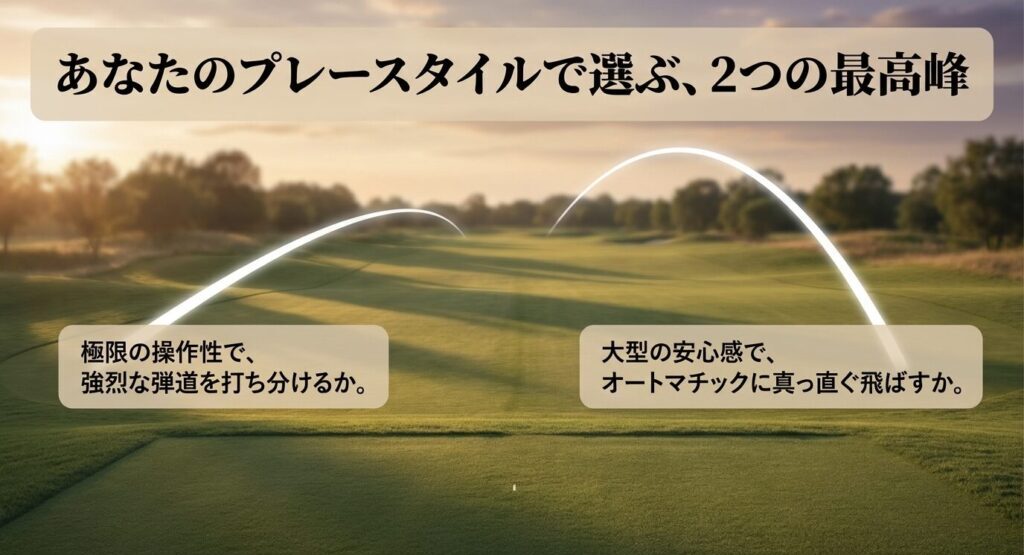あなたのプレースタイルで選ぶ、2つの最高峰。極限の操作性で強烈な弾道を打ち分けるか、大型の安心感でオートマチックに真っ直ぐ飛ばすか