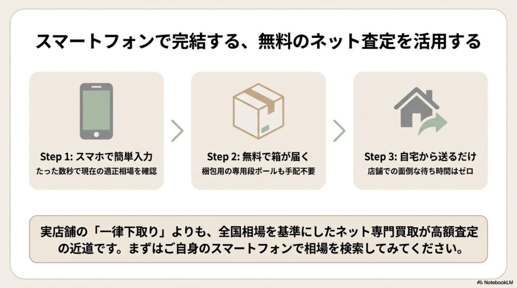 スマートフォンで完結する、無料のネット査定を活用する。Step1：スマホで簡単入力、Step2：無料で箱が届く、Step3：自宅から送るだけ
